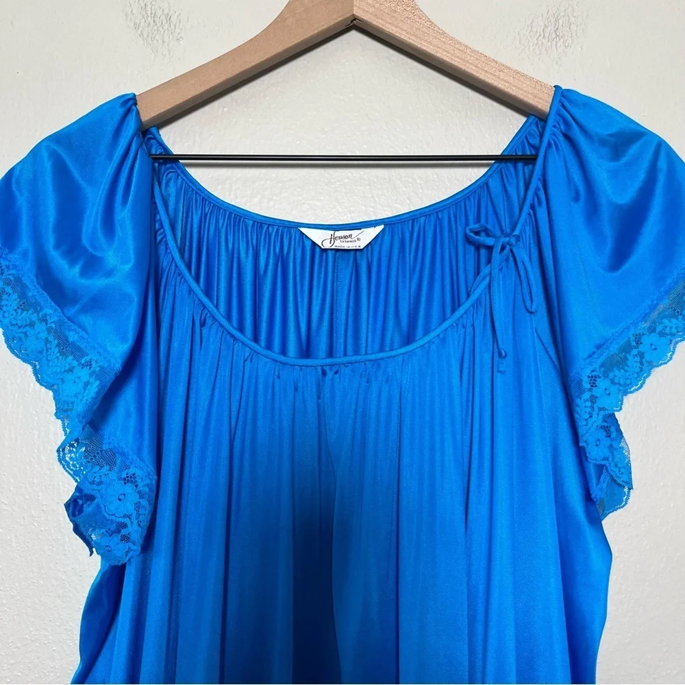 VTG 80s Henson Kickernick Women Maxi Nightgown Dress Lace Cottagecore Blue‎